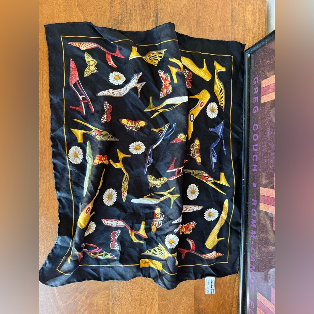 Salvatore Ferragamo Black Silk Scarf with high heel, floral, butterfly Italy - Picture 2 of 8